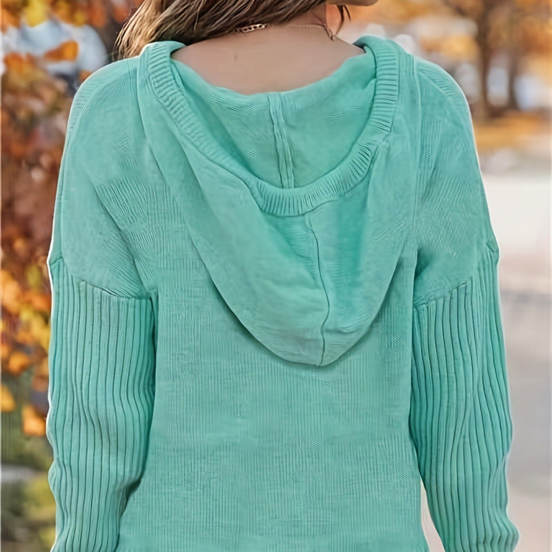 Hösttröja Med Huva För Kvinnor, Stickad Långärmad, Dragsko Och Tryck