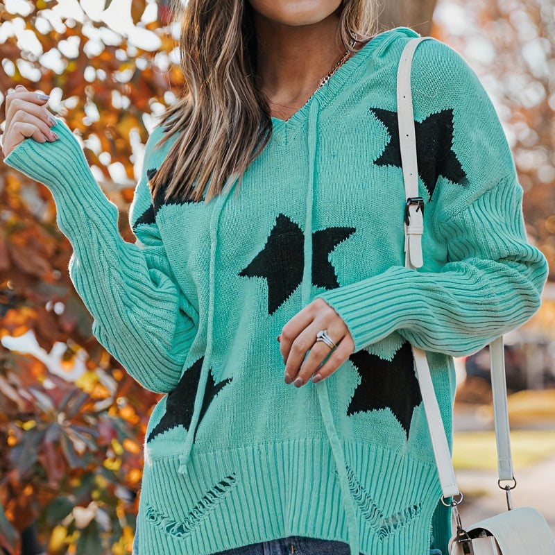 Hösttröja Med Huva För Kvinnor, Stickad Långärmad, Dragsko Och Tryck