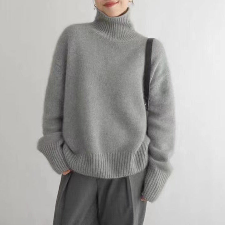 Hösttröja Med Polotröja För Kvinnor, Tjock Stickad Långärmad, Enfärgad Pullover