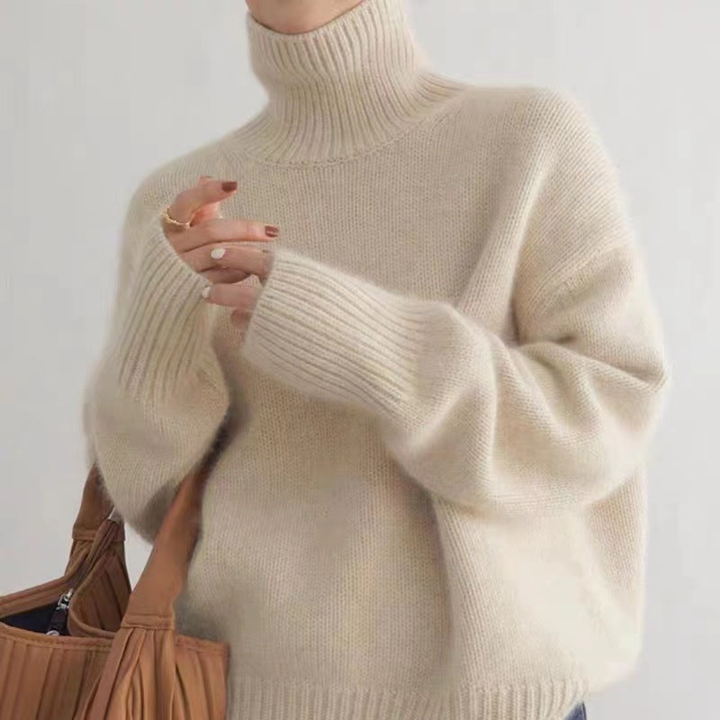 Hösttröja Med Polotröja För Kvinnor, Tjock Stickad Långärmad, Enfärgad Pullover