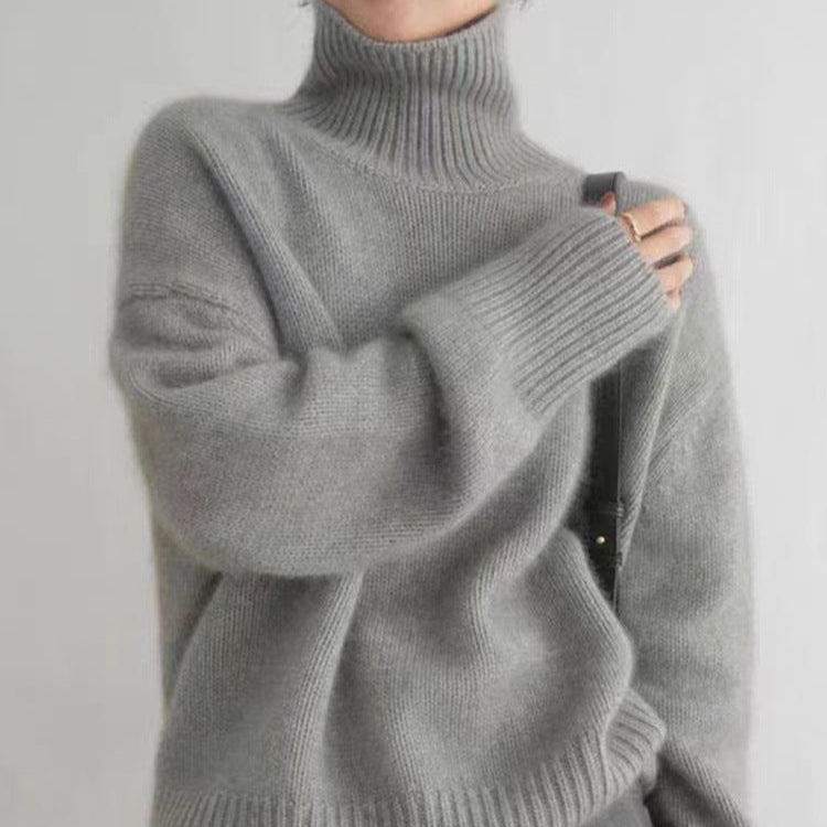 Hösttröja Med Polotröja För Kvinnor, Tjock Stickad Långärmad, Enfärgad Pullover