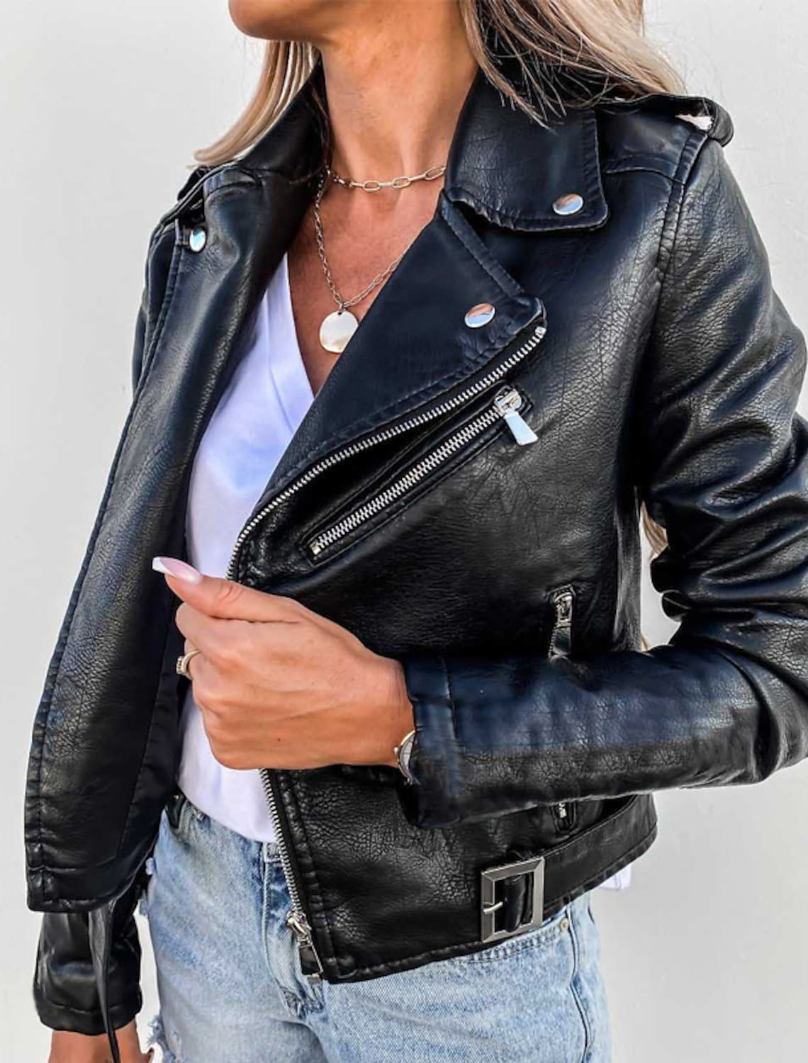 Kort Bikerjacka För Kvinnor, vår, Med Ståkrage Och Dragkedja