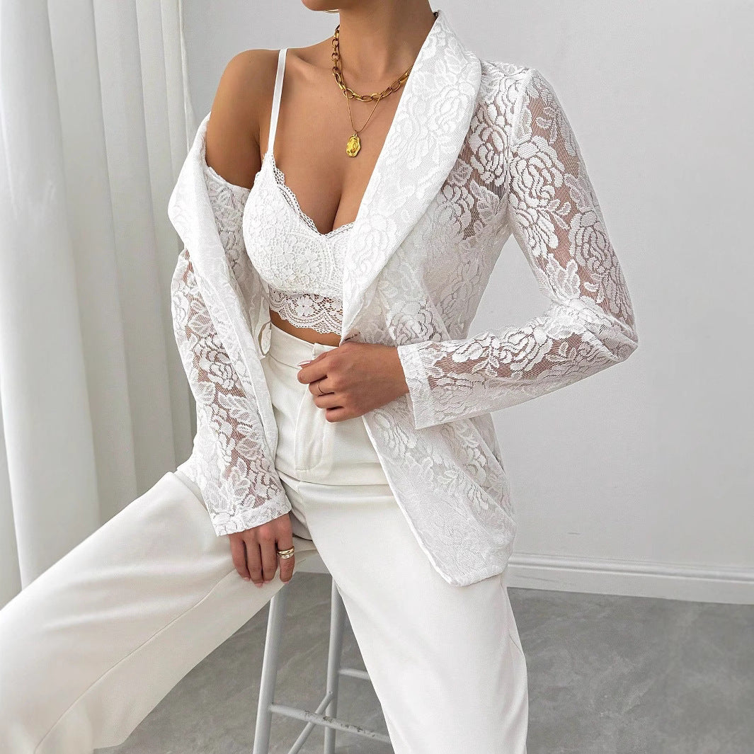 Vårvit Spetsbroderad Kavaj Med Blommönster Och Långa Ärmar För Kvinnor