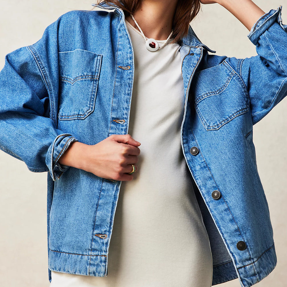 Dam Vårjacka I Lös Passform Med Denimblandning, Broderi Och Vanliga Ärmar