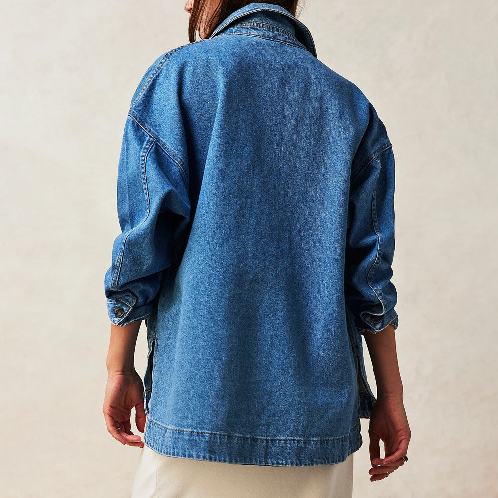Dam Vårjacka I Lös Passform Med Denimblandning, Broderi Och Vanliga Ärmar