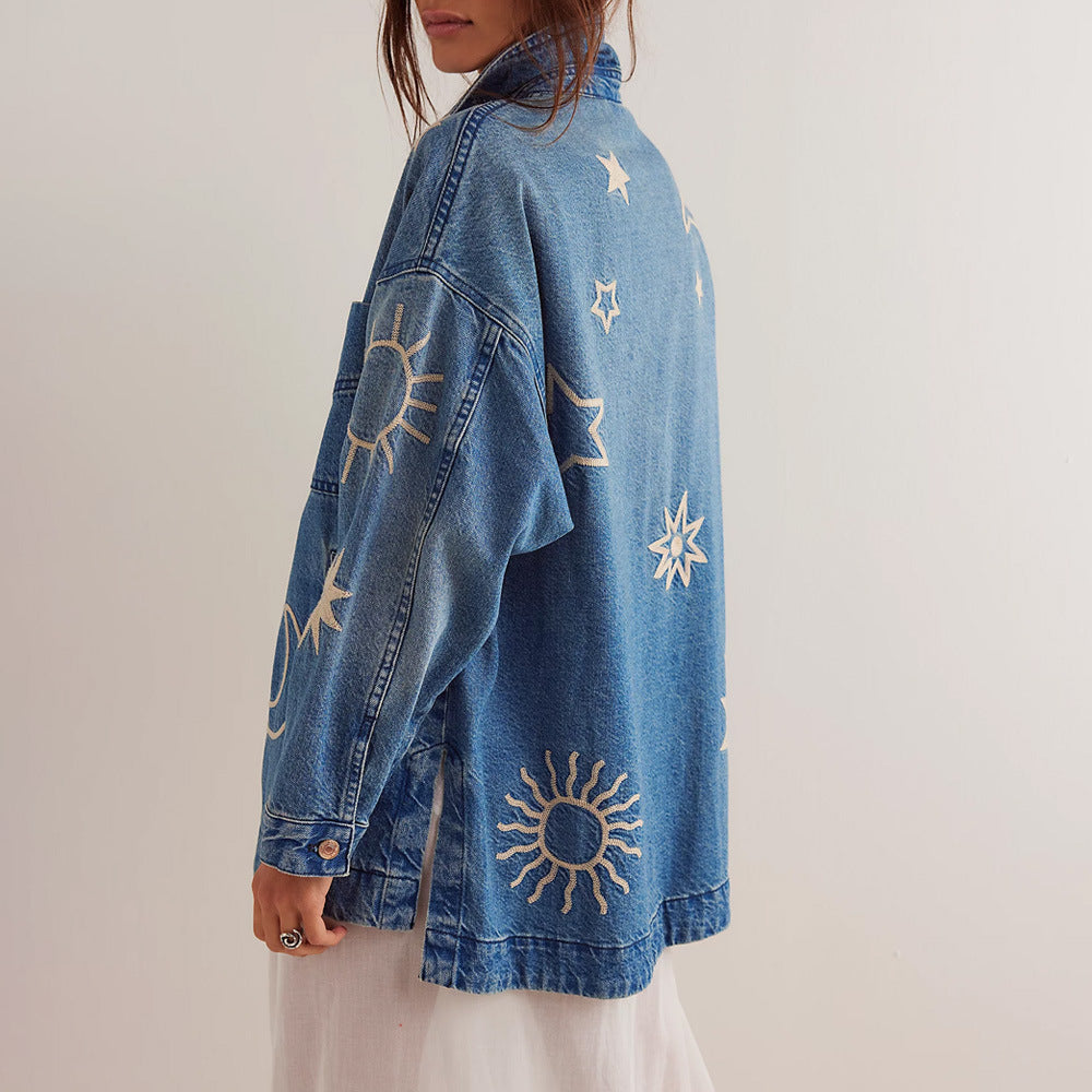 Dam Vårjacka I Lös Passform Med Denimblandning, Broderi Och Vanliga Ärmar