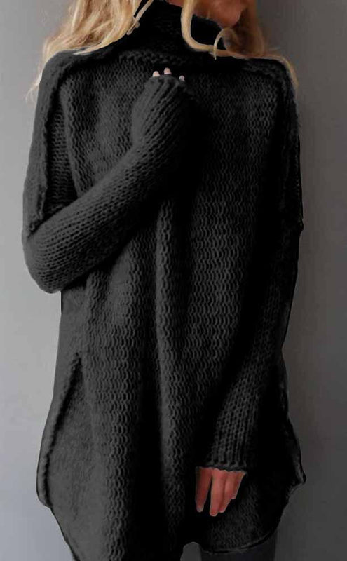 Kvinnlig Stickad Tröja Med Draperad Krage, Långärmad Pullover Med Tre Nålar