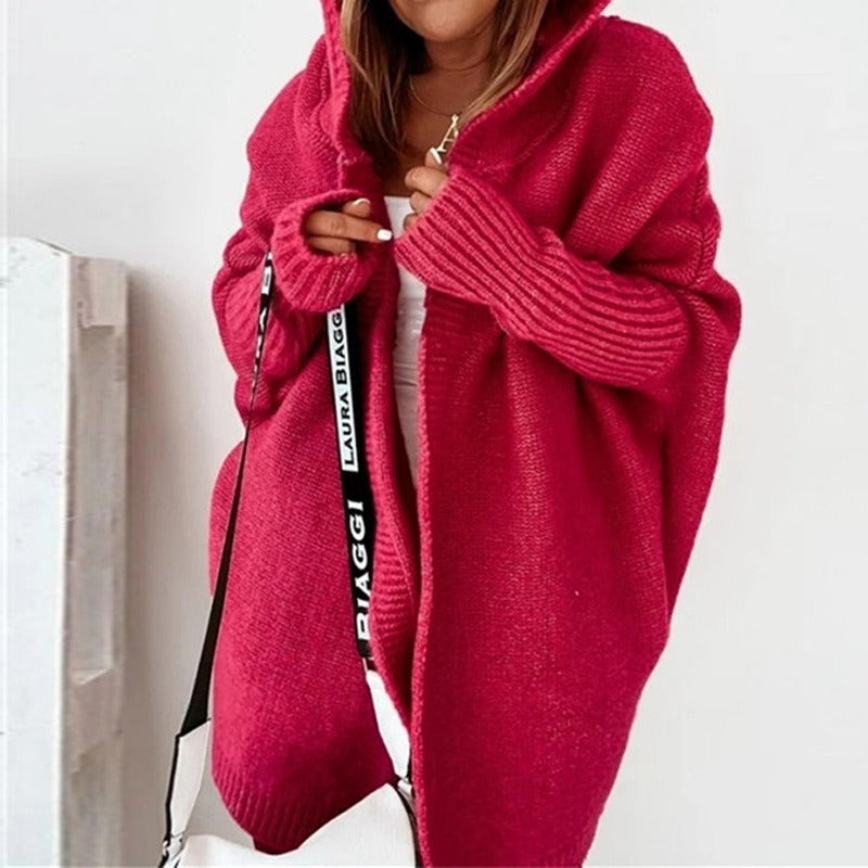 Dam Hooded Cardigan med Batwing-Ärmar och Lös Passform