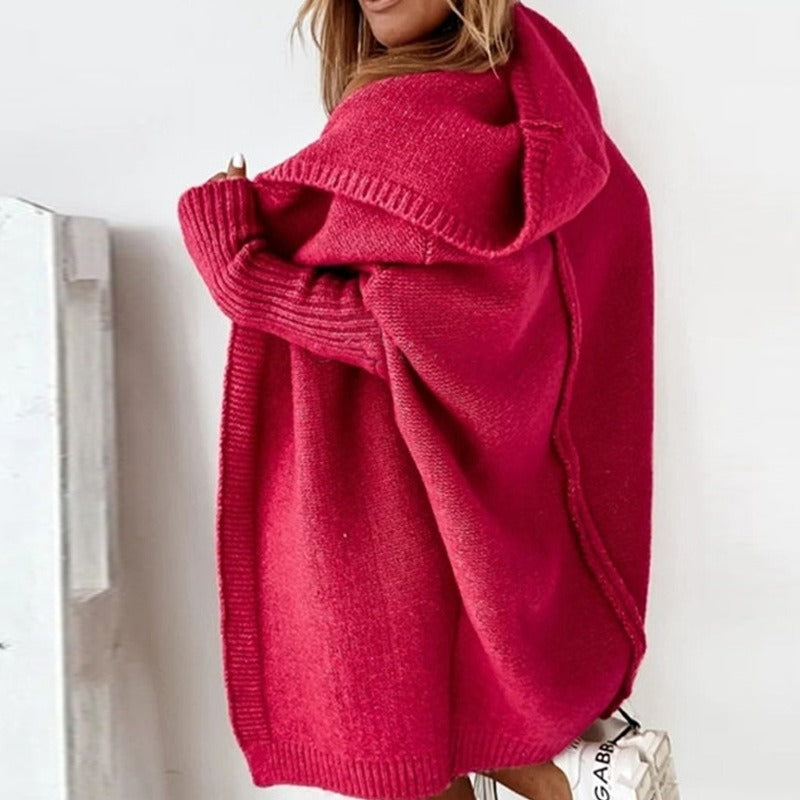 Dam Hooded Cardigan med Batwing-Ärmar och Lös Passform
