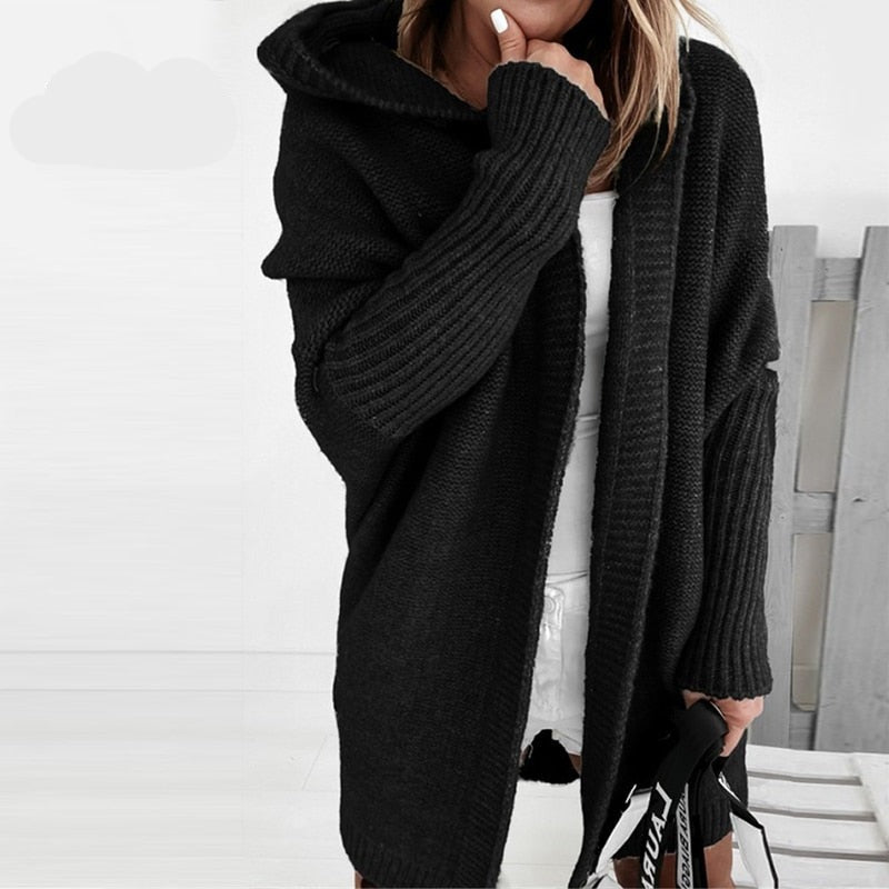 Dam Hooded Cardigan med Batwing-Ärmar och Lös Passform