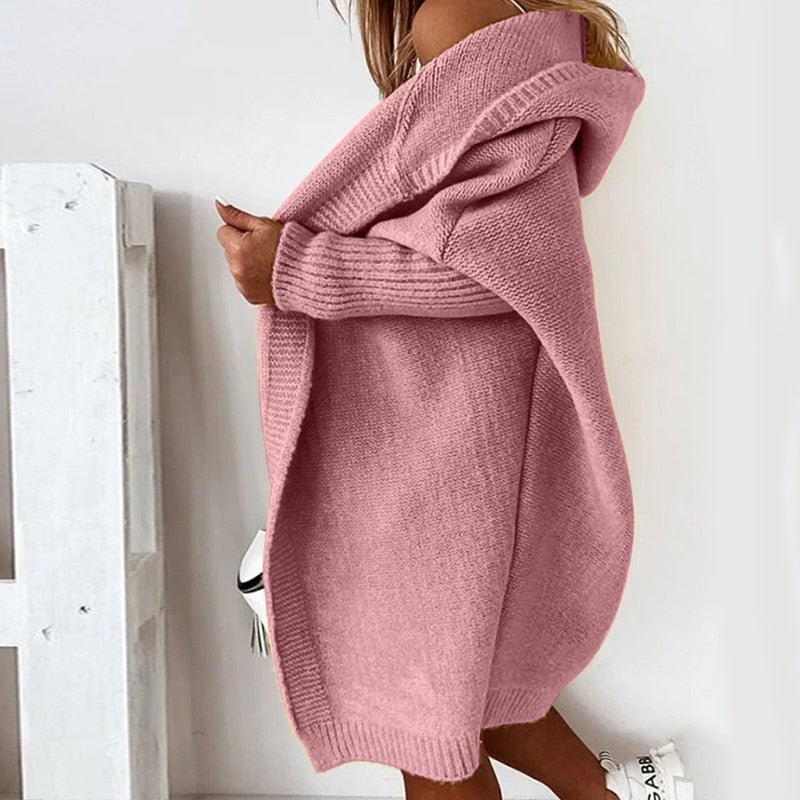 Dam Hooded Cardigan med Batwing-Ärmar och Lös Passform