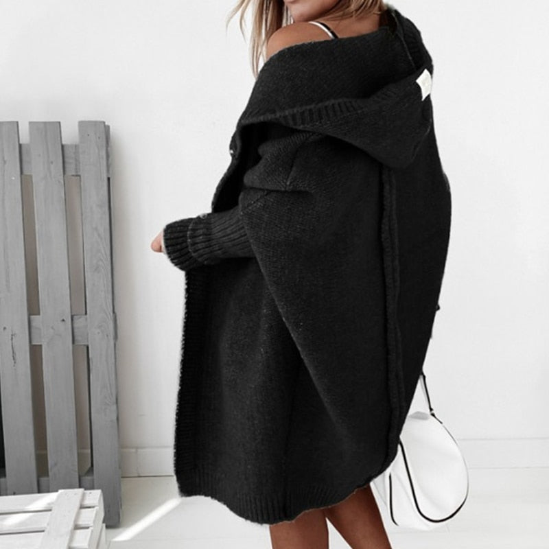 Dam Hooded Cardigan med Batwing-Ärmar och Lös Passform
