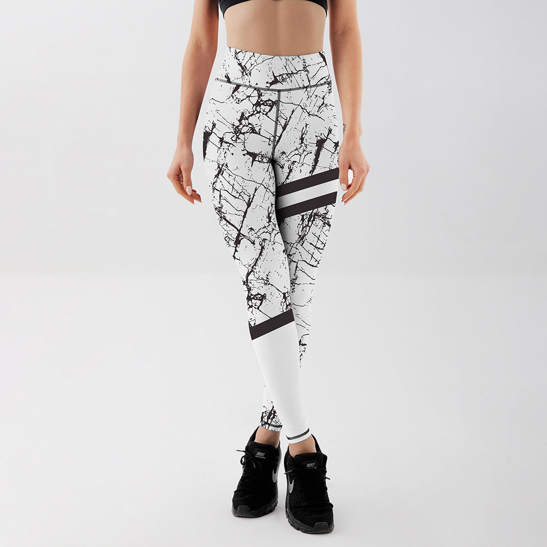 Damleggings Med Hög Midja, Stretchig Passform Och Svartvitt Marmortryck