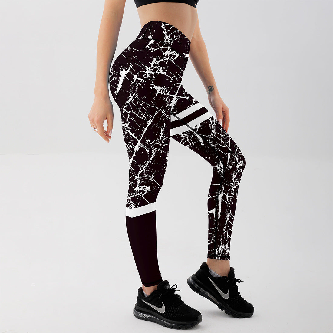 Damleggings Med Hög Midja, Stretchig Passform Och Svartvitt Marmortryck
