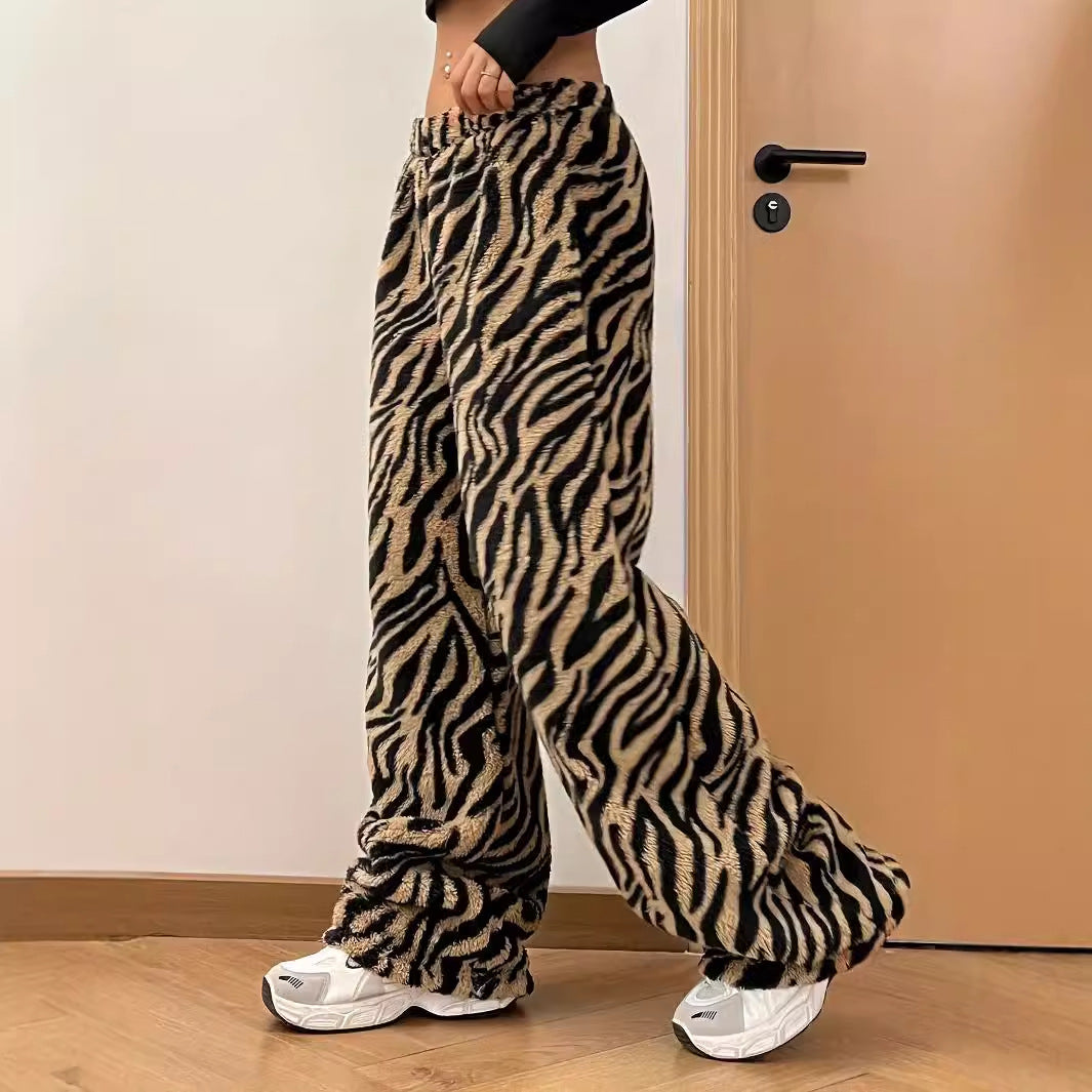 Vidbenade Byxor För Kvinnor, Leopardmönster Med Lös Rak Passform