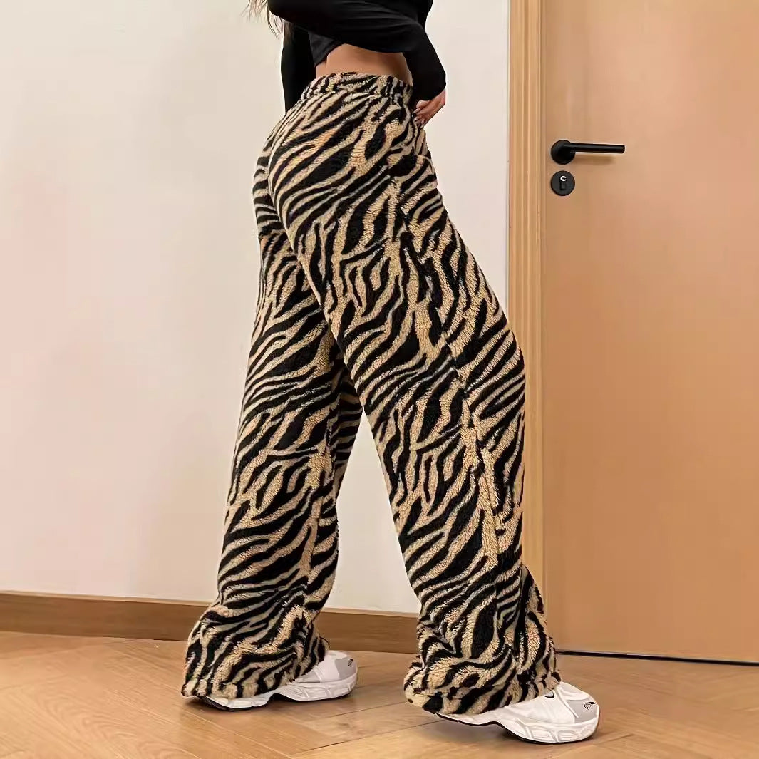 Vidbenade Byxor För Kvinnor, Leopardmönster Med Lös Rak Passform