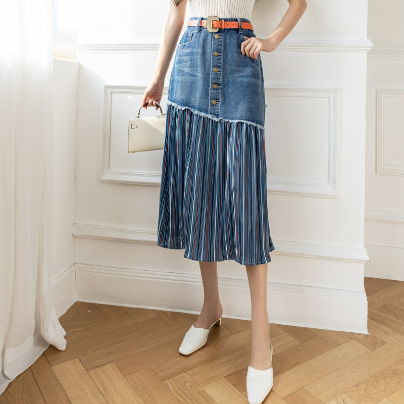 Damkjol i denimstil Plus Storlek Hög midja A-linje med knappdetalj