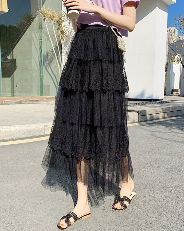 Vårlång Kjol Med Hög Midja Och Lager-I-Lager För Kvinnor