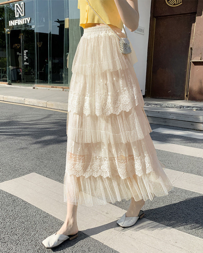 Vårlång Kjol Med Hög Midja Och Lager-I-Lager För Kvinnor