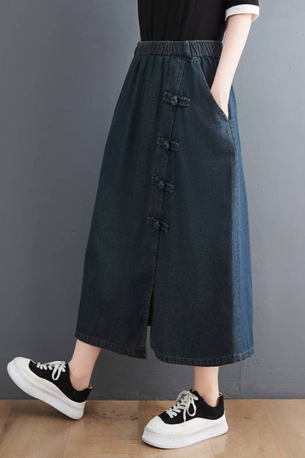 Sommarkjol I Denimblandning Med Retrospänne I Marinblått För Kvinnor