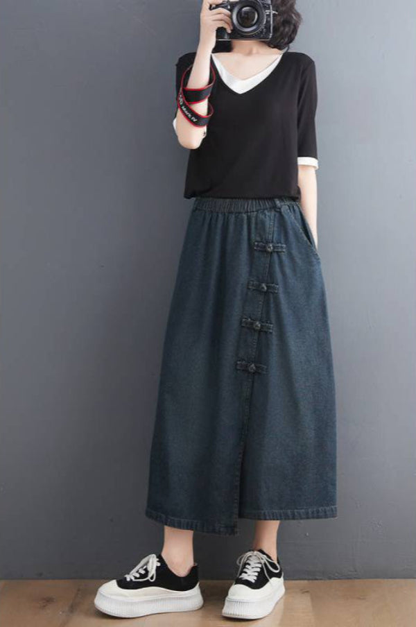 Sommarkjol I Denimblandning Med Retrospänne I Marinblått För Kvinnor