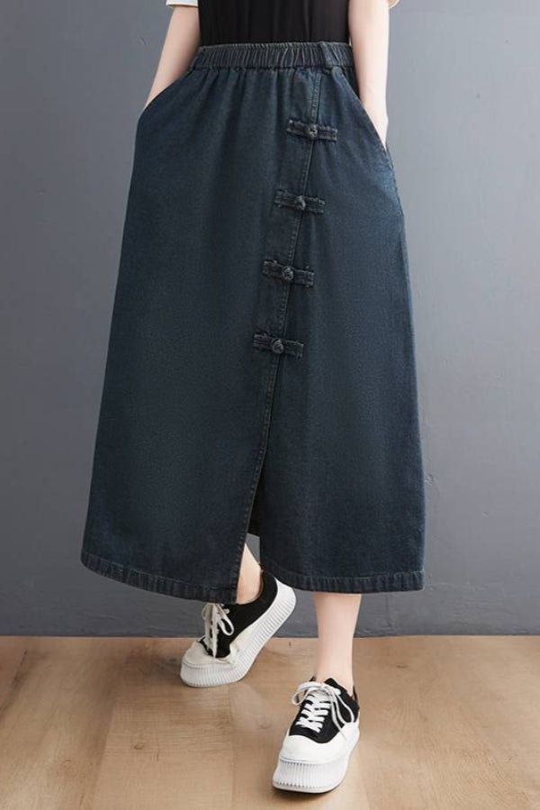 Sommarkjol I Denimblandning Med Retrospänne I Marinblått För Kvinnor