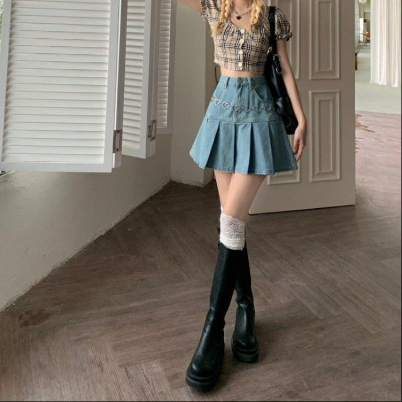 Vårminikjol Med Hög Midja Och Veckad Design I Denimblandning