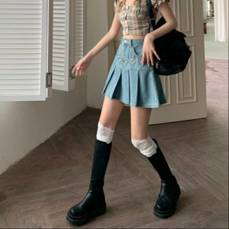 Vårminikjol Med Hög Midja Och Veckad Design I Denimblandning