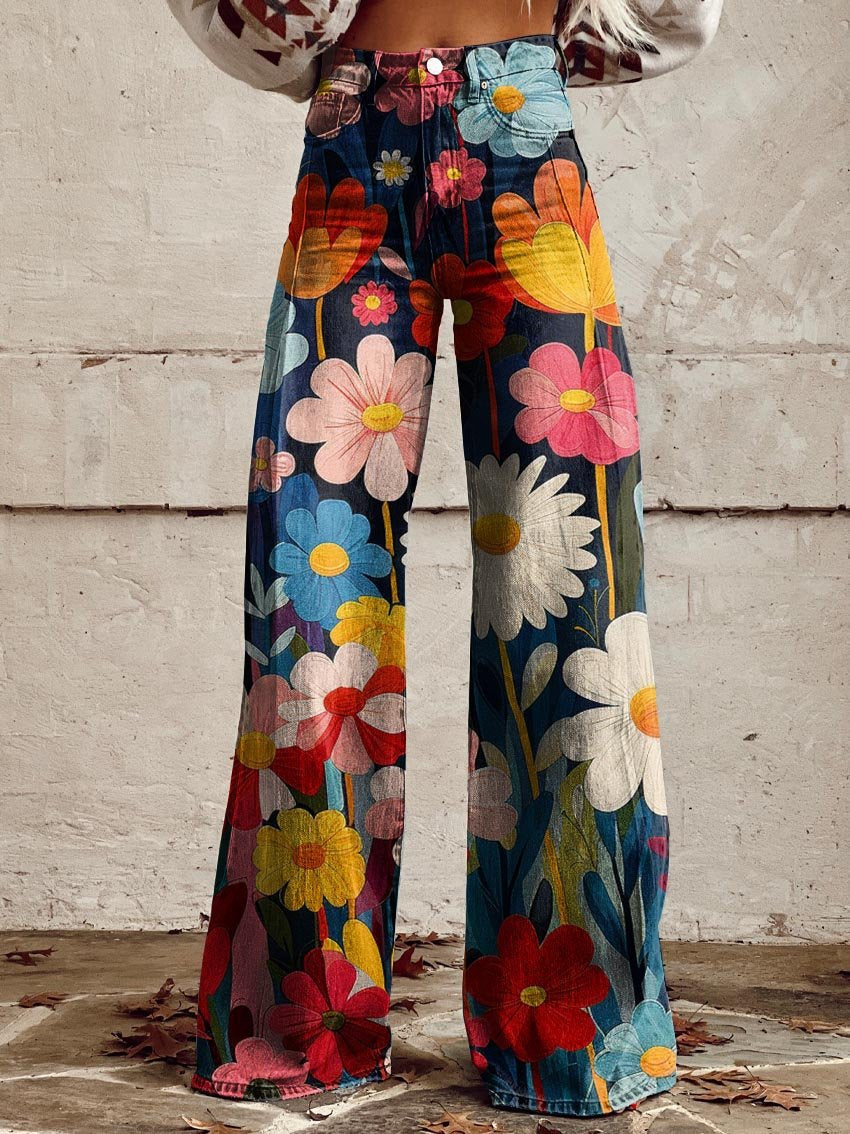 Vida Byxor I Denimblandning För Kvinnor, Hög Midja Och Blommönster
