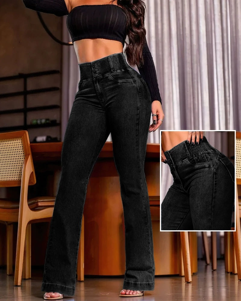 Damjeans Med Hög Midja, Knappar Fram Och Rynkning Bak