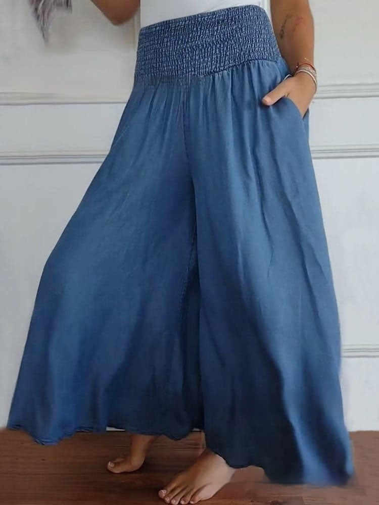 Dambyxor Med Hög Midja, Vida Ben Och Denimblandning, Smock I Midjan Och Sidofickor