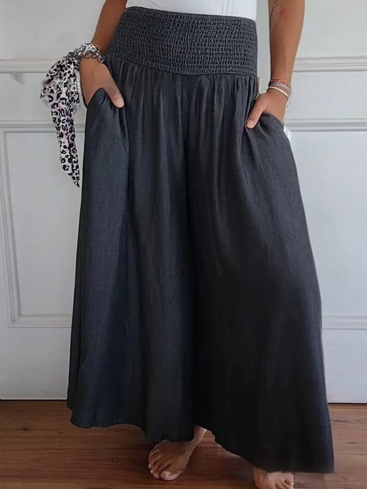 Dambyxor Med Hög Midja, Vida Ben Och Denimblandning, Smock I Midjan Och Sidofickor