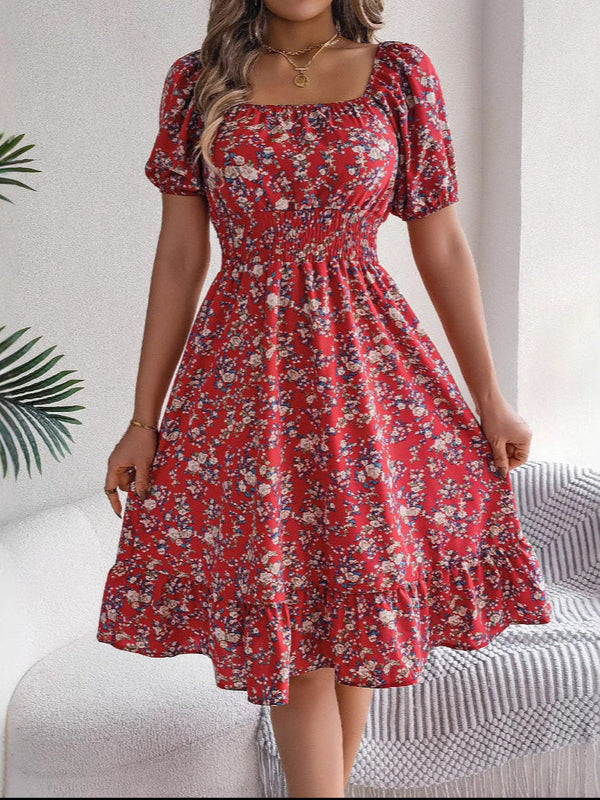 Sommarklänning Med Blommönster, Fyrkantig Halsringning, Volangkant Och Hög Midja För Kvinnor