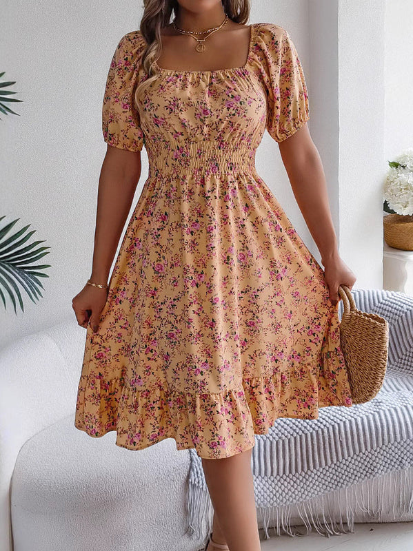 Sommarklänning Med Blommönster, Fyrkantig Halsringning, Volangkant Och Hög Midja För Kvinnor