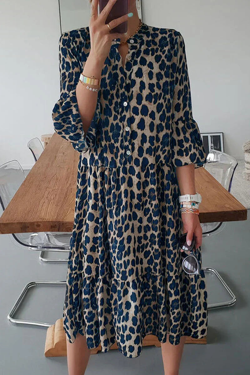 Vårklänning Med A-Linjemönster Och Leopardmönster För Kvinnor, Slits I Sidan