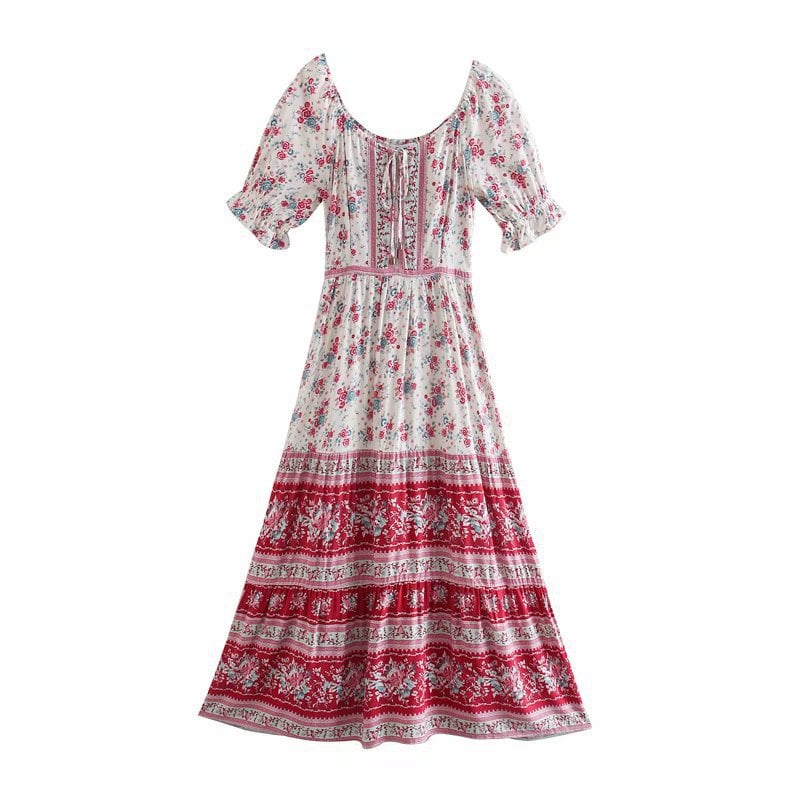 Sommarklänning Med Blommönster, Skärp I Midjan Och Korta Ärmar För Kvinnor