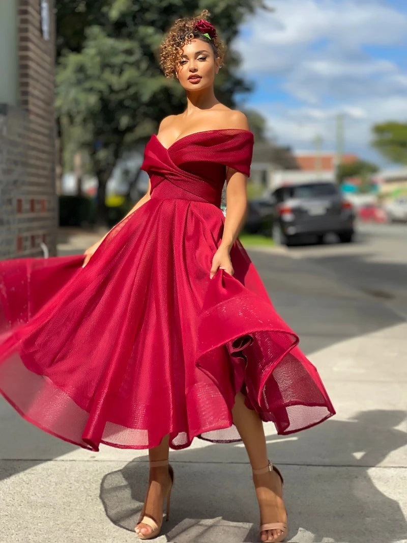 Kvinna Off Shoulder Backless Party Dress Med Raglanärmar