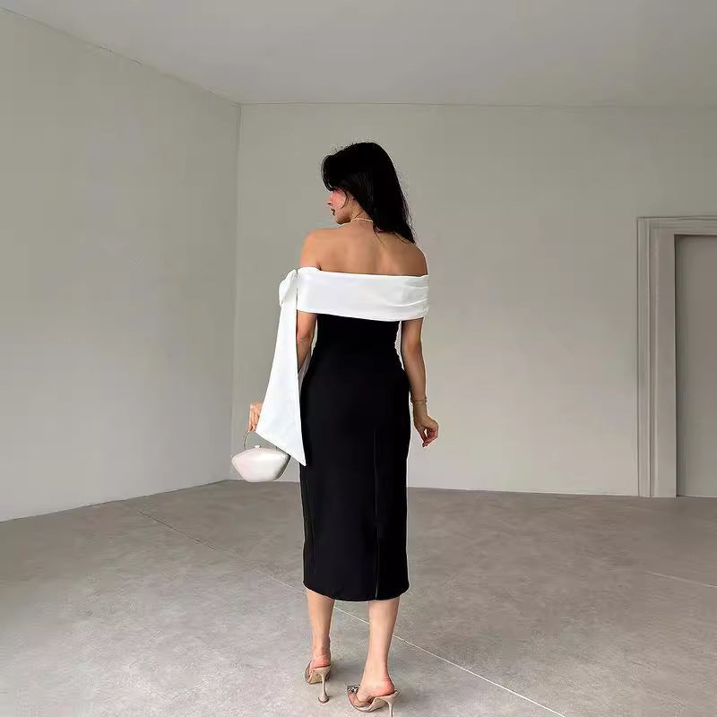 Kvinna Kvällscocktailklänning Off-Shoulder Rosett Svart Och Vitt Färgblock
