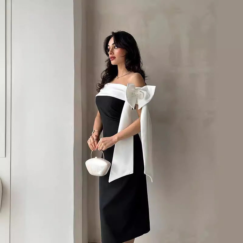 Kvinna Kvällscocktailklänning Off-Shoulder Rosett Svart Och Vitt Färgblock