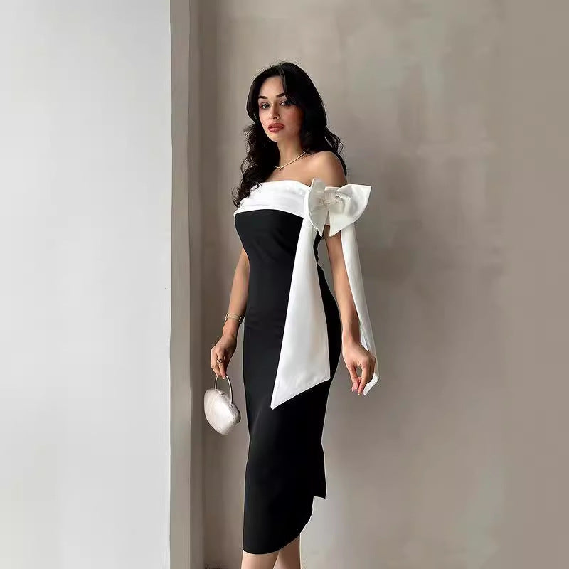 Kvinna Kvällscocktailklänning Off-Shoulder Rosett Svart Och Vitt Färgblock