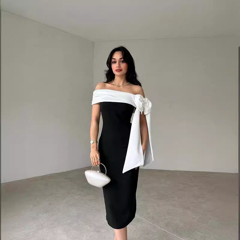 Kvinna Kvällscocktailklänning Off-Shoulder Rosett Svart Och Vitt Färgblock