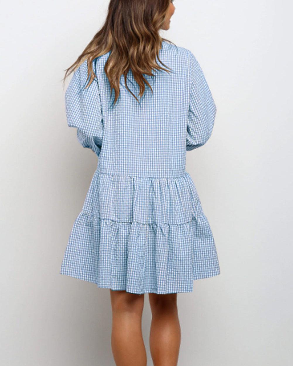 Kvinna Sommarklänning i Rutig V-ringning med Trekvartsärmar