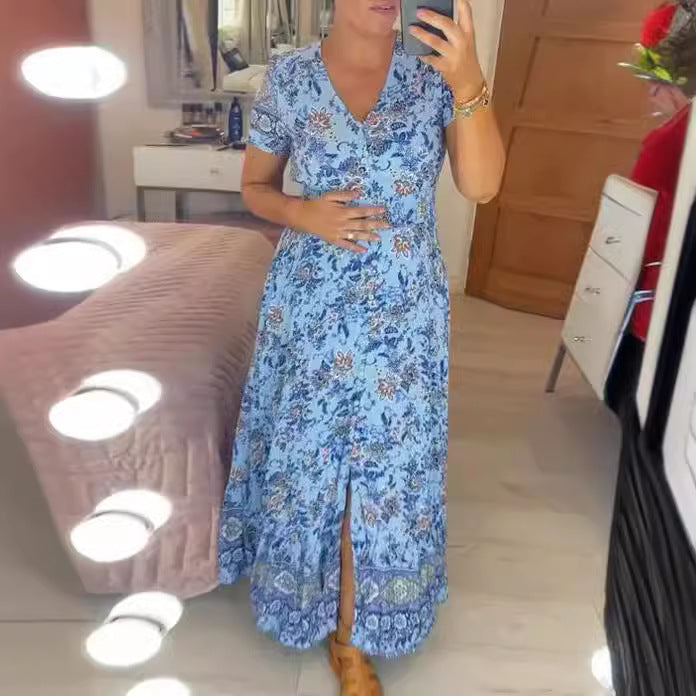 Kvinnors Sommarklänning med V-ringning och Blommönster – Strandstil