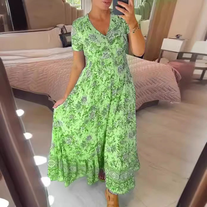 Kvinnors Sommarklänning med V-ringning och Blommönster – Strandstil