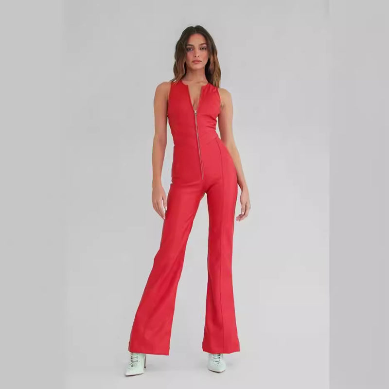Herrjeansblandad Ärm- och Rygglös Jumpsuit med Halterneck och Hög Midja med Dragkedja