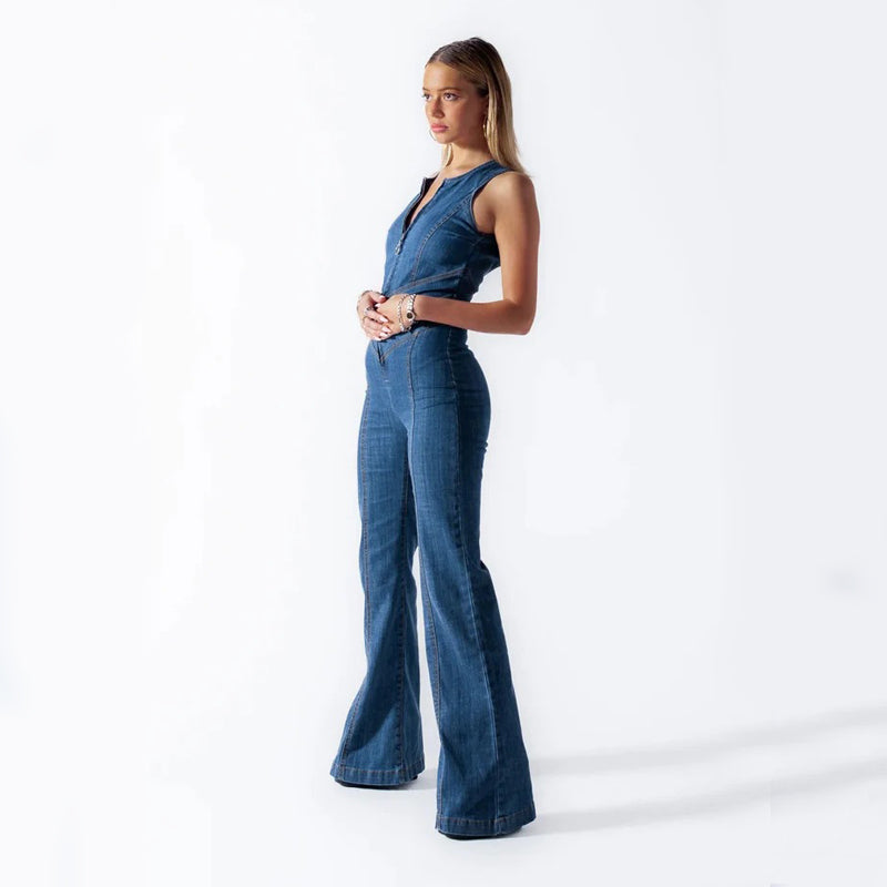 Herrjeansblandad Ärm- och Rygglös Jumpsuit med Halterneck och Hög Midja med Dragkedja