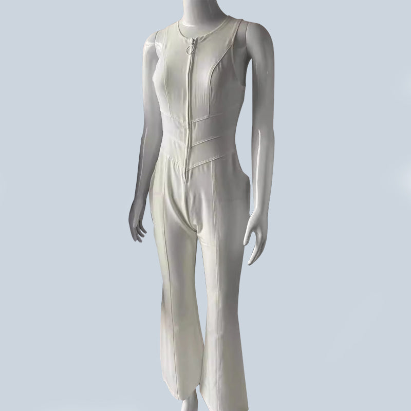 Herrjeansblandad Ärm- och Rygglös Jumpsuit med Halterneck och Hög Midja med Dragkedja
