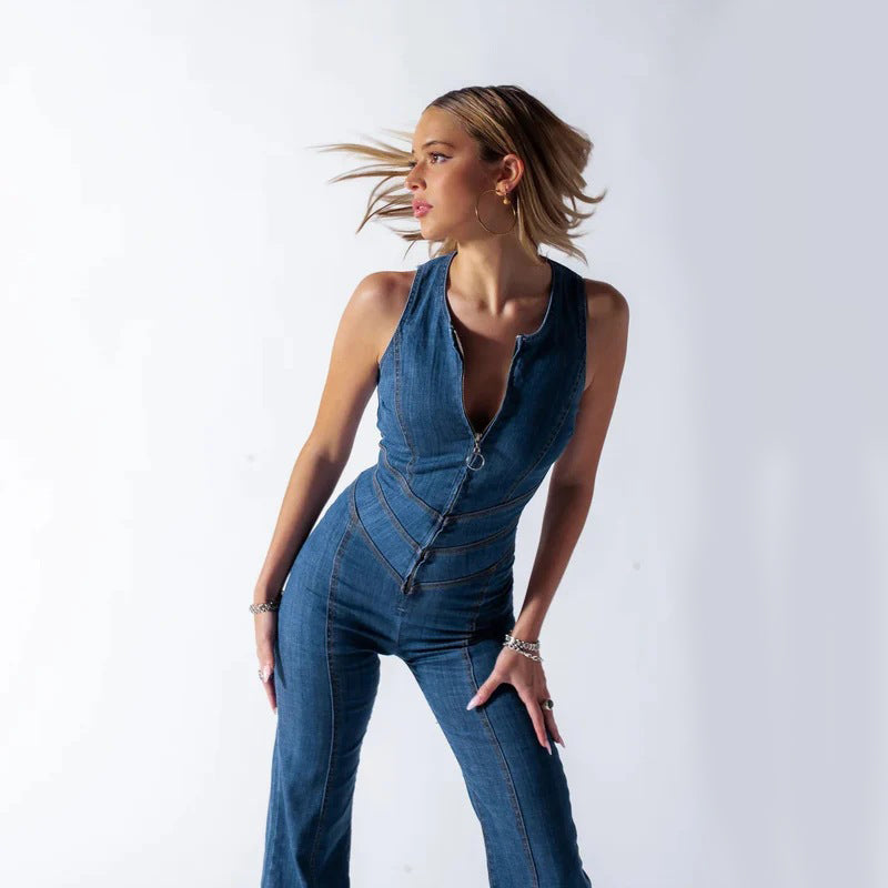 Herrjeansblandad Ärm- och Rygglös Jumpsuit med Halterneck och Hög Midja med Dragkedja