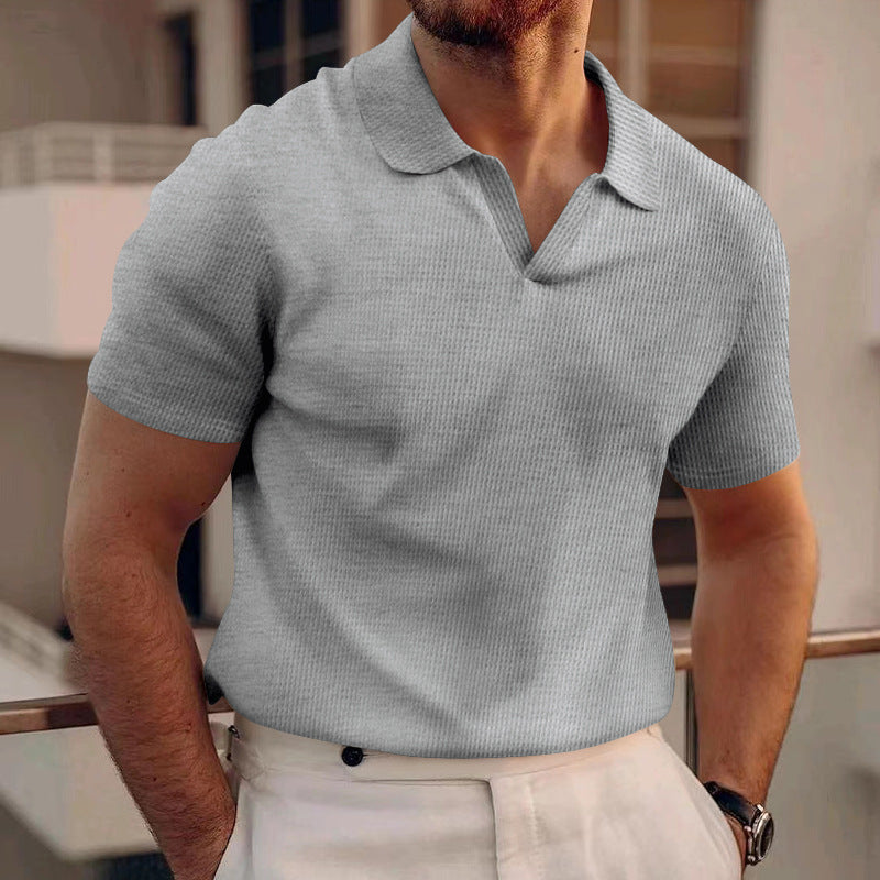 Herr Sommart-Shirt Med Kort äRm, Slim Fit Och våffelstickad Krage