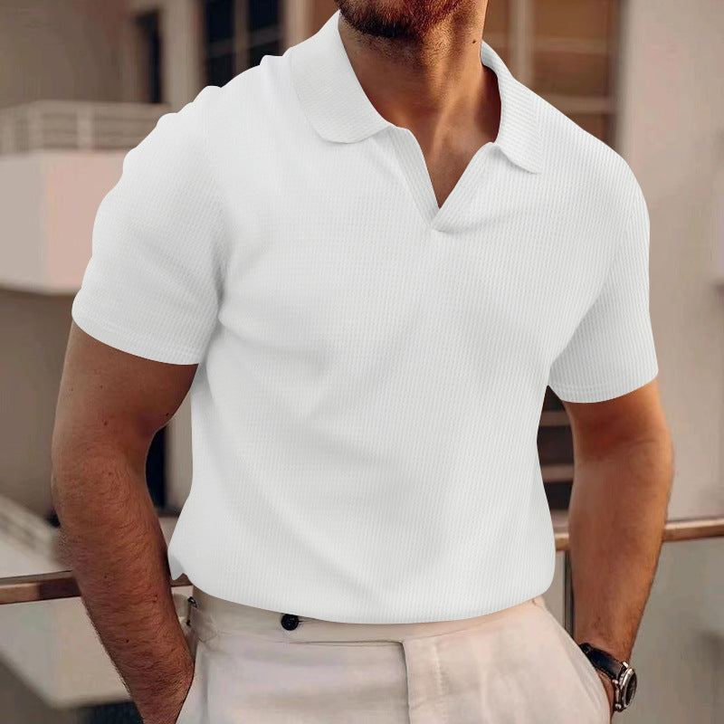 Herr Sommart-Shirt Med Kort äRm, Slim Fit Och våffelstickad Krage